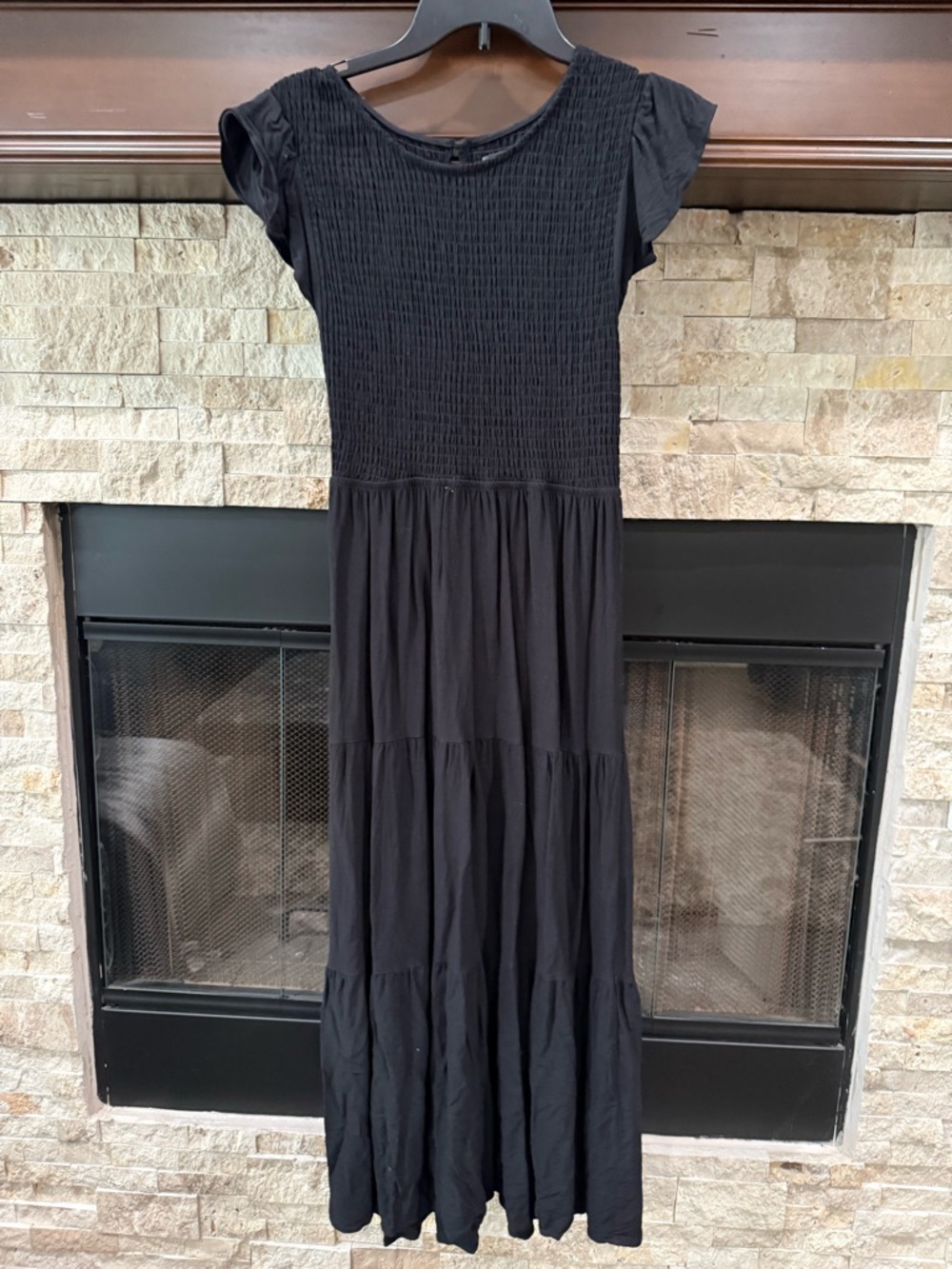 Smocked Black Maxi Dress with Flutter Sleeves